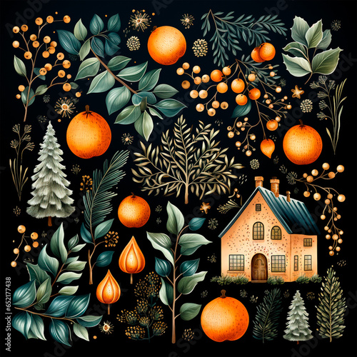 Watercolor christmas ornaments clipart. Winter farmhouse illustration. Christmas tree, gnome, garland, firewood basket, vintage lantern, socks, bubbles, candle. Beige, black and white color