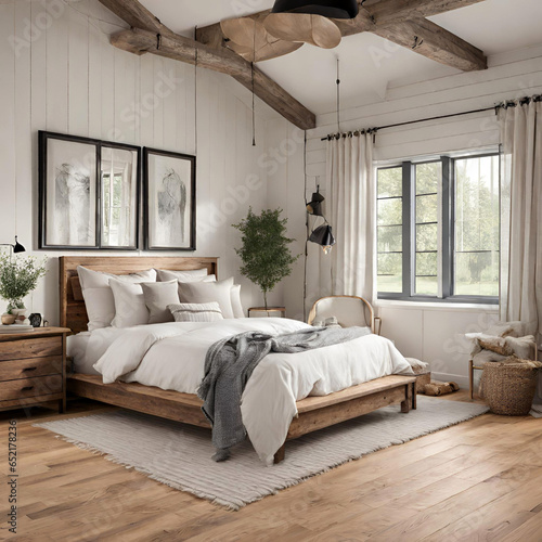Farmhouse interior design of modern bedroom with hardwood floor Generative ai © 히류 dbs