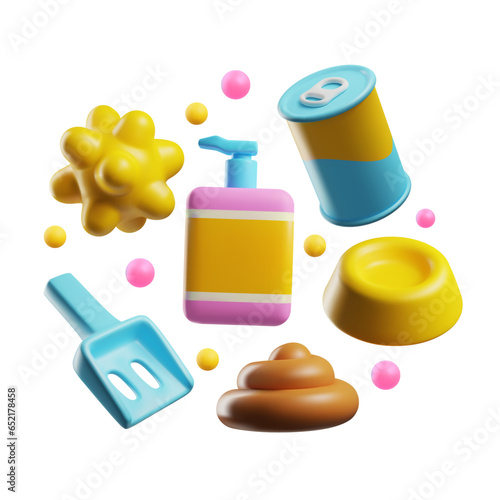 Set of pet supplies in cute 3d style, vector illustration isolated on white background.