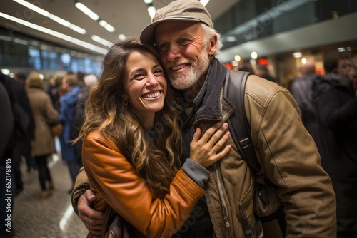  Couple embracing tightly during a surprise reunion at an airport, Generative AI