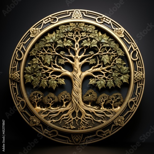 A gold plate with a tree of life on it. AI image.