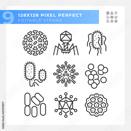 2D pixel perfect black icons set representing bacteria, editable thin linear illustration.