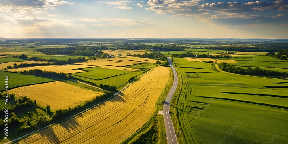  Aerial Shot of Rural Farmland . Aerial rural landscape with yellow patched agriculture fields and blue sky with white clouds . - obrazy, fototapety, plakaty 