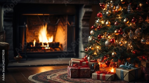 Festive Christmas Tree with Fireplace Background, Cozy Holiday Decor in a Warm Living Room
