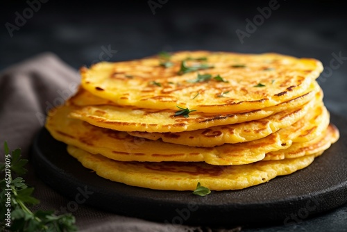 Homemade Socca or Farinata on Grey Background. photo