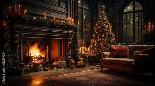 Festive Christmas Tree with Fireplace Background  Cozy Holiday Decor in a Warm Living Room 