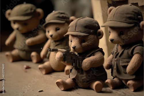 stop motion film about tiny bears that wear hats collecting weapons and guns storage ww2 war 1940 