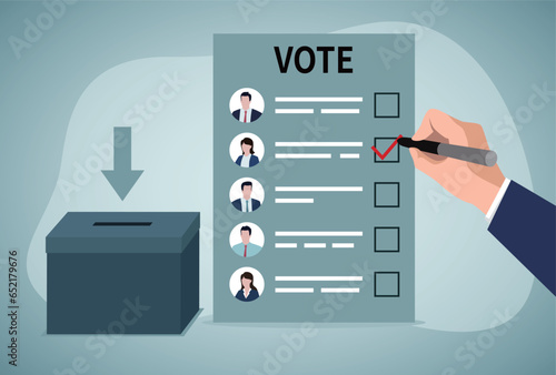 Big hand with ballot paper votes in elections. Paper sheet with candidates information. Referendum, human rights, democracy concept. Flat vector illustration