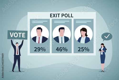 Election results. Exit poll. Democracy and voting results. Male politician and woman election observer . Ballot paper with photos of candidates and text. Referendum concept. Flat Vector illustration