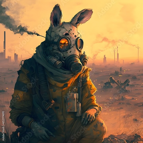 rabbit in a nuclear wasteland gasmask disco elysium style 