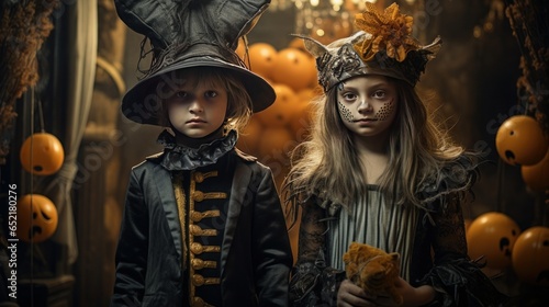 Two children dressed in Halloween costumes