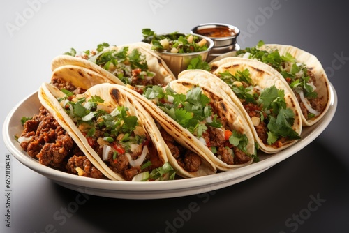 A plate of tacos on a black table. Imaginary food photo.