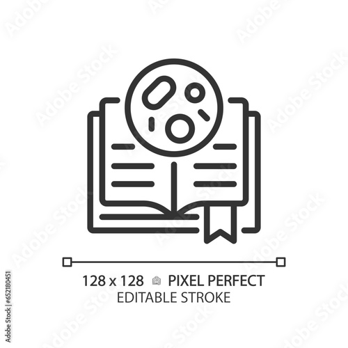 2D pixel perfect editable black book with bacteria icon, isolated vector, simple thin line illustration representing bacteria.