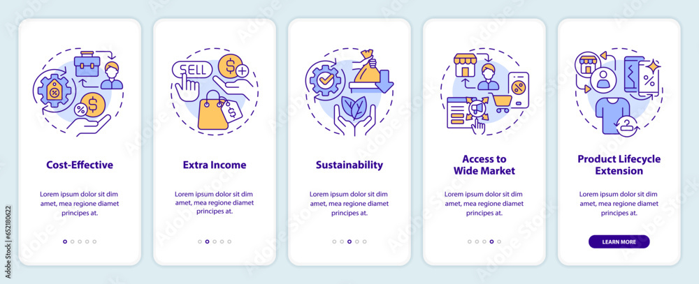 2D icons representing C2C mobile app screen set. Walkthrough 5 steps colorful graphic instructions with linear icons concept, UI, UX, GUI template. 2D icons representing C2C mobile app screen set. Walkthrough 5 steps colorful graphic instructions with linear icons concept, UI, UX, GUI template.