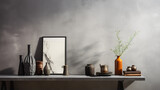 Table with home decor on grey wall background