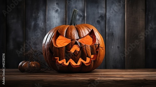 Scary Halloween pumpkin with glowing eyes on wooden boards