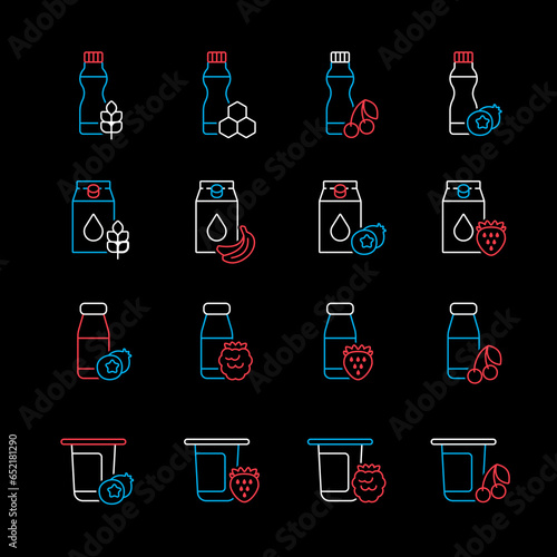 Fruits yogurt set vector on black background icon