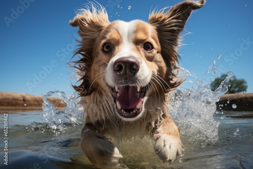 Dog splashing happily in a shallow pool on a hot day, Generative AI © Shooting Star Std