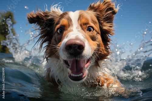 Dog splashing happily in a shallow pool on a hot day, Generative AI © Shooting Star Std