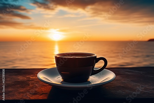 black coffee in a cup with white plate isolated on sunset