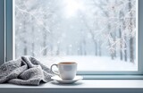 Cozy winter scene. Coffee, open book, and plaid on vintage windowsill in cottage, snowy landscape with snowdrift outside.