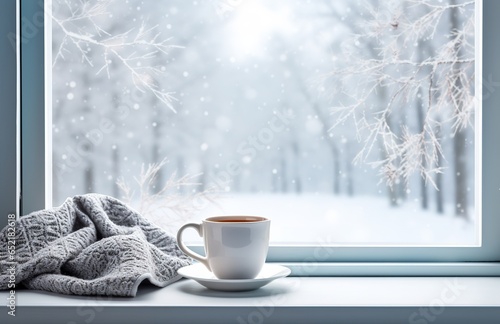 Cozy winter scene. Coffee, open book, and plaid on vintage windowsill in cottage, snowy landscape with snowdrift outside.