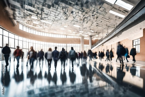 Blurred shot of high school students walking up the strs between classes in a busy school building