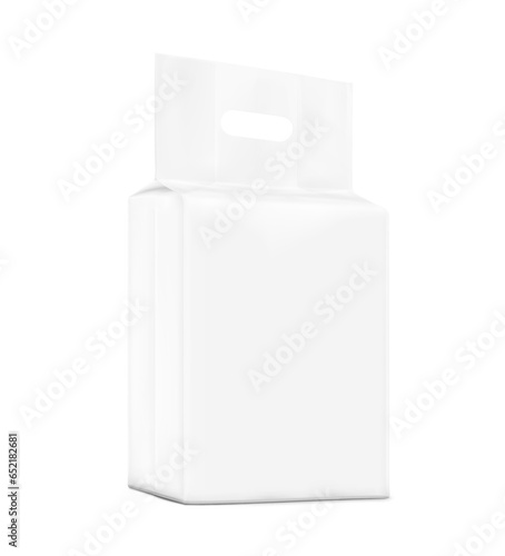 Realistic stand bag with hole handle mockup. Front view. Vector illustration isolated on white background. Ready for your design. Suite for the presentation of diaper,  foods, wet wipe. EPS10.