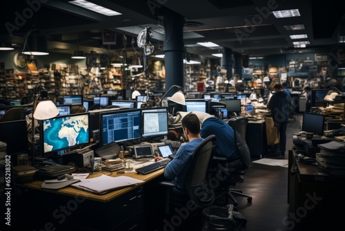 Newsroom bustling with activity as reporters gather and analyze information, Generative AI photo