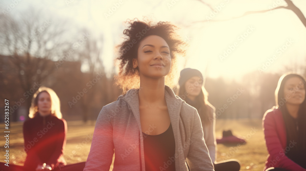 Group of multiethnic women outdoors in winter, performing yoga and practicing wellness - obrazy, fototapety, plakaty 