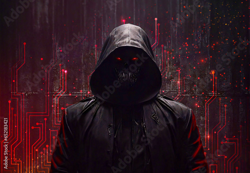 The enigmatic figure of a hacker, concealed in a black robe and mask, finds themselves immersed in a crimson sea of coding patterns and data waves, reflecting the ever-present danger
