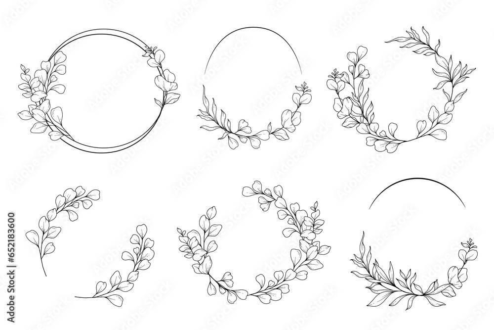Floral Frames Line Art, Fine Line Eucalyptus Frames Hand Drawn Illustration. Eucalyptus Outline Frame. Floral Frames Line Art, Fine Line Eucalyptus Frames Hand Drawn Illustration. Eucalyptus Outline Frame.