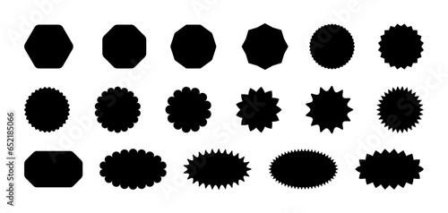 Callout star sticker. Starburst price badge sticker. Promo tag icon with scalloped edge. Wavy sale circles and ellipse seal stamps. Vector illustration isolated on white background.