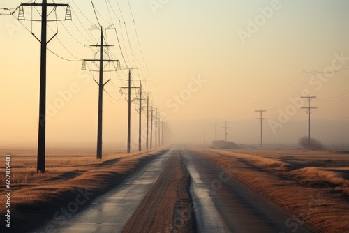 A strip of power poles along a highway.