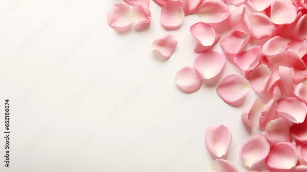 A composition of flowers. Rose flower petals on white background. Valentine's Day, Mother's Day concept. Flat lay, top view, copy spac