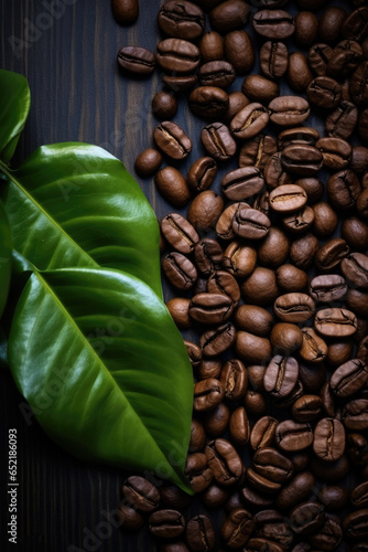 Coffee beans in background with leaves.