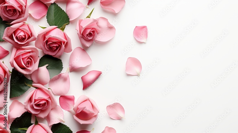 A composition of flowers. Rose flower petals on white background. Valentine's Day, Mother's Day concept. Flat lay, top view, copy spac A composition of flowers. Rose flower petals on white background. Valentine's Day, Mother's Day concept. Flat lay, top view, copy spac