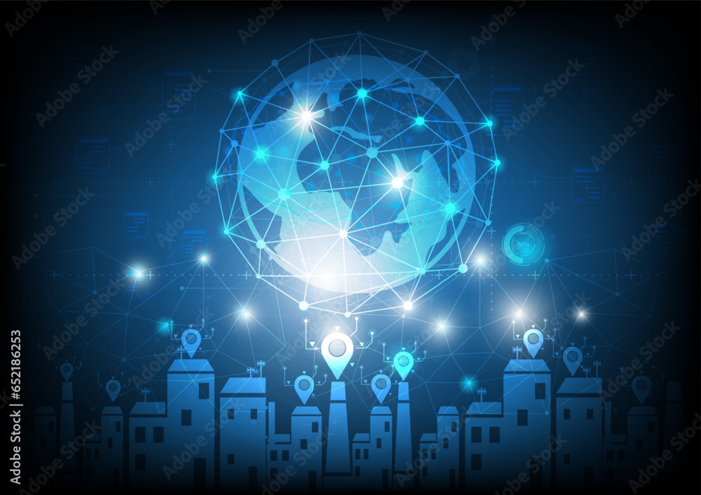 Obraz premium Modern hi-tech, science, futuristic technology concept. Abstract digital high tech city design for banner background. Eco global planet solution.