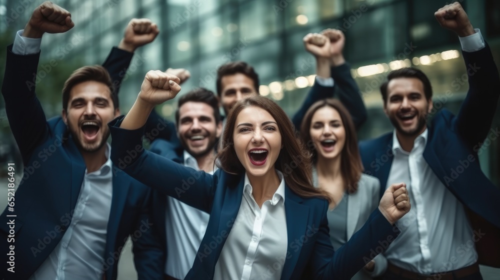 Business win, Corporate success, Business team employees celebrating good news with their fists up in the air. Business win, Corporate success, Business team employees celebrating good news with their fists up in the air.
