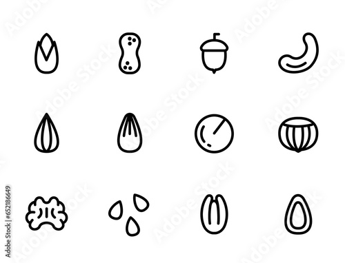 Set of vector icons nuts and seeds. Nuts and seeds editable stroke outline icons set isolated. Almonds, Pistachios, Walnuts, Hazelnuts, Cashews. Concept of healthy food, healthy eating