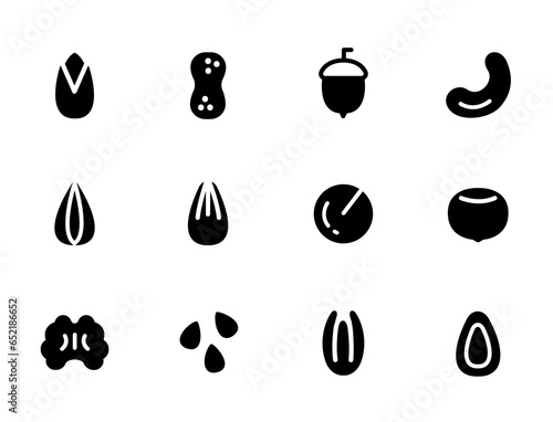 Set of various nuts and seeds. Concept of healthy eating, proper diet, vegetarian. Almonds, Hazelnuts, Walnuts, Cashews, Macadamia, Peanuts. Vector illustration in monochrome style