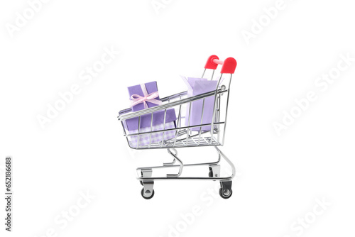 PNG, shopping basket with gifts isolated on white background. © Atlas