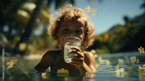 Happy kid drinking purified water in a transparent glass.