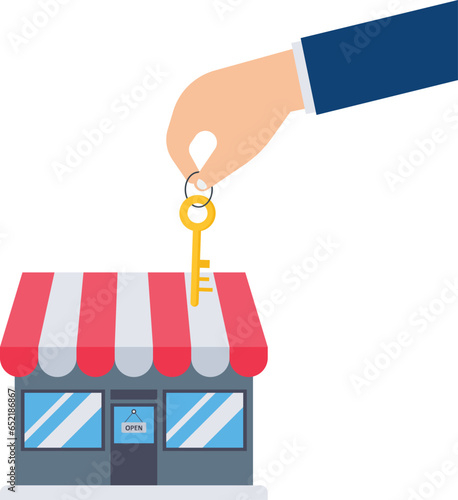 Small business key to success, Opening a new shop, Starting a new business or company, Entrepreneur or SME, growing or increasing product sale, Hand holding small business shop with golden key

