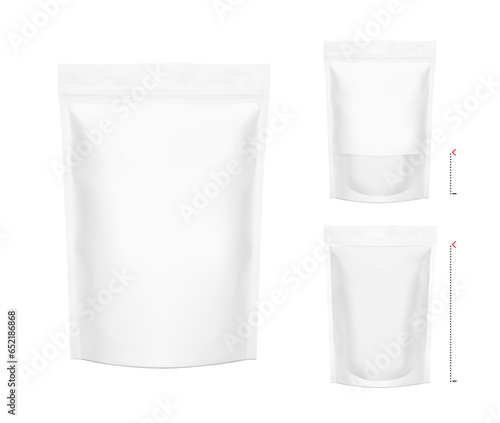 Pouch bag with clear window mockup set on white background. Screen mode overlay, it's easy to make a realistic mockup of your product. Vector illustration. EPS10.