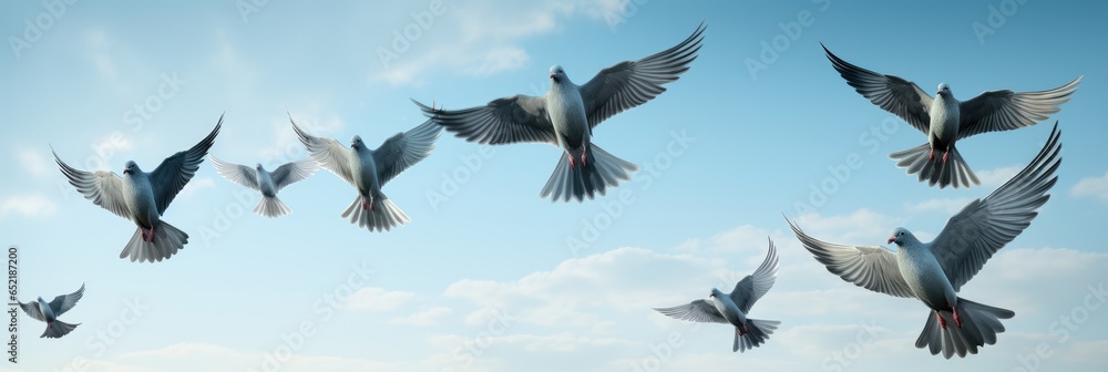 Obraz premium Group of birds flying in the blue sky.