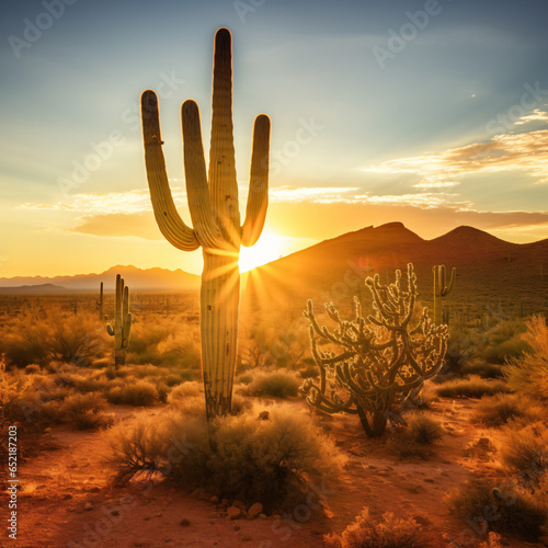 Saguaro cactus in the Sonoran Desert at golden hour