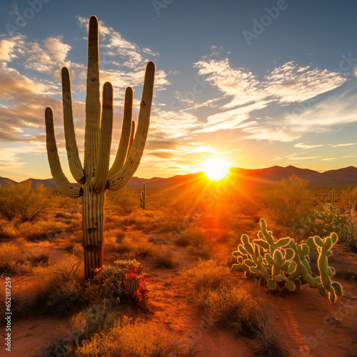 Saguaro cactus in the Sonoran Desert at golden hour