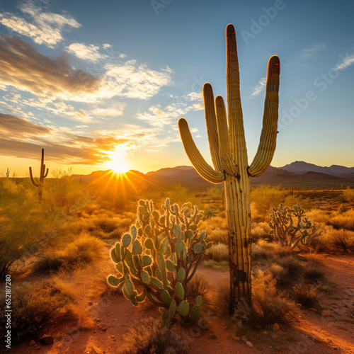 Saguaro cactus in the Sonoran Desert at golden hour