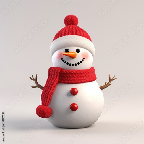 3d cute snowman with snow and Christmas tree